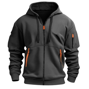 Giacca sportiva da uomo grigio scuro con cappuccio, zip e dettagli tasche arancioni
