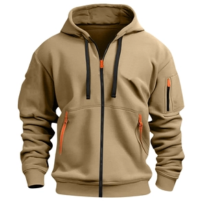 Felpa con cappuccio kaki da uomo con zip, accenti arancioni e tasche funzionali