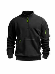 Men's black half-zip hoodie featuring neon green zipper accents and functional pockets