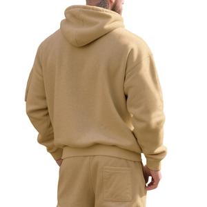 Rear view of khaki heavy fleece hoodie and drawstring shorts set for men's casual wear