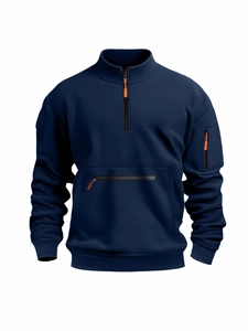Men's navy blue fleece hoodie with orange 1/4 zipper and multiple tactical pockets