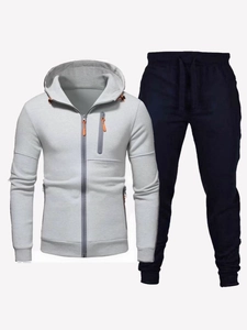 Herren-Trainingsanzug Set mit grauer Kapuzenjacke und dunkelblauer Sporthose für Herbst