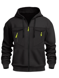 Veste à capuche noire pour homme avec accents vert fluo et poches poitrine
