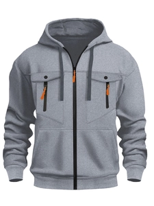 Sweat à capuche zippé gris pour homme avec poches et détails contrastés orange