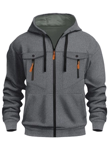 Veste à capuche grise pour homme avec fermetures éclair orange et poches poitrine