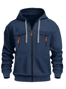 Sweat à capuche zippé bleu marine pour homme avec détails orange et poches multiples