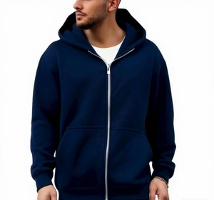 Detail of dark blue zip-up hoodie featuring contrast white zippers and spacious front pockets
