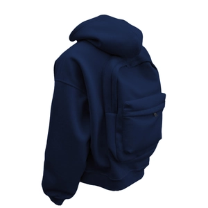 Detail of navy blue hoodie with a unique functional zipper backpack pocket on the back