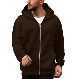 Close-up of a dark brown men's zip-up hoodie featuring ribbed cuffs and metal zipper detail