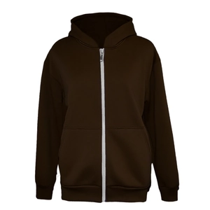 Front view of loose fit dark brown zip-up hoodie with hood and side pockets