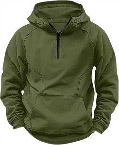Olive green men's tactical hoodie featuring a half-zip neckline and large kangaroo pocket