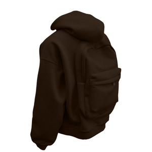Detail view of the functional integrated backpack on a dark coffee hooded sweatshirt