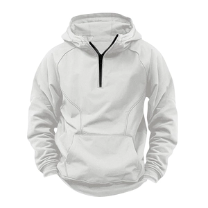 Close-up of white hooded sweatshirt featuring black half-zip collar and front pocket