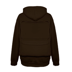Rear view of dark brown hoodie featuring a large functional rectangular back pocket