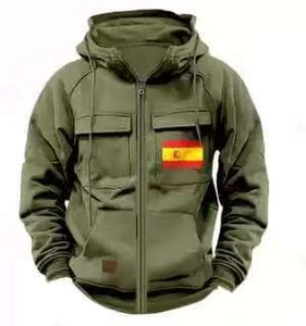 Detail view of olive green tactical hoodie with multiple pockets and Spain flag patch