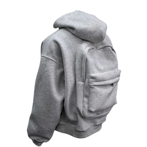 Detailed back view of a light gray hoodie featuring an integrated backpack with zippers