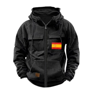 Men's tactical black zip-up hoodie with Spain flag patch and multi-pocket utility design
