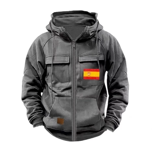 Men's grey tactical zip-up hoodie with Spanish flag patch and multiple pockets