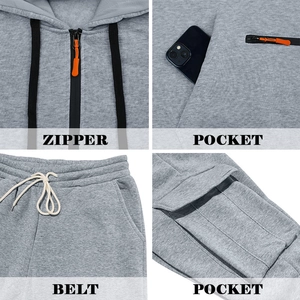 Détails du survêtement gris avec fermetures éclair orange et poches cargo pratiques
