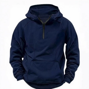 Men's navy blue half-zip hoodie with kangaroo pocket and ribbed cuffs in vintage style
