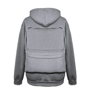 Detail view of the functional layered back pocket on this grey techwear hoodie