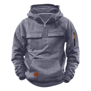 Kids vintage navy blue hooded sweatshirt with tactical pockets and front zipper closure