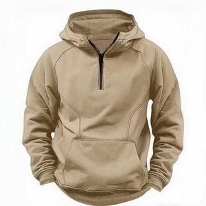 Men's khaki half-zip hooded sweatshirt with tactical stitching and kangaroo pocket