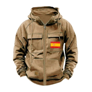 Men's khaki tactical zip-up hoodie with Spanish flag patch and multiple pockets