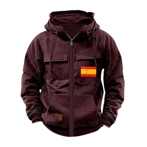 Men's deep red hooded jacket with Spanish flag chest pocket and tactical cargo design