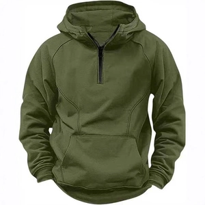 Men's vintage olive green half-zip tactical hoodie with front pouch pocket