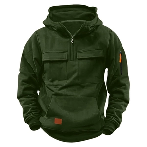 Army green kids hoodie with utility cargo pockets and sleeve zip detail
