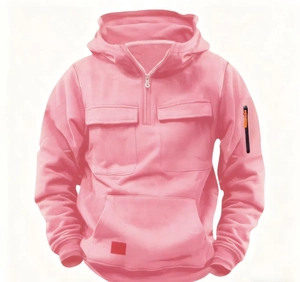 Detail of pink half-zip hoodie with cargo pockets and warm fleece texture