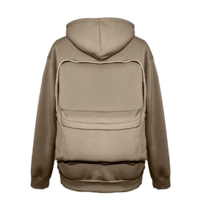 Back view of brown hooded jacket showing large distressed pocket detail and raw edges