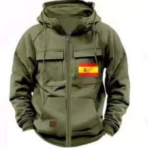 Tactical army green men hooded sweatshirt with Spanish flag patch and multi-pockets