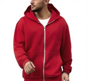Close-up of red zip-up hoodie featuring a large hood and premium metal zipper detail