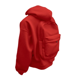 Detail view of the red hoodie featuring a unique integrated 3D backpack pocket on the back