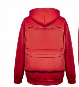 Detail view of red hoodie back featuring a large functional utility cargo pocket
