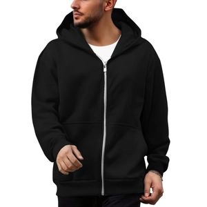 Detailed shot of men's black hooded sweatshirt with silver metal zipper and ribbed cuffs