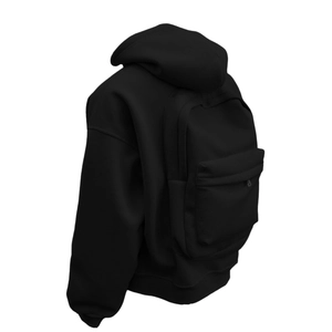 Detail view of innovative black oversized hoodie with integrated backpack and zipper pockets