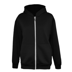 Front view of black oversized hooded zip-up sweatshirt with silver zipper and pouch pocket