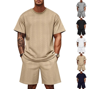 Men's summer knit set with textured cable pattern featuring short sleeves and casual shorts