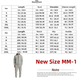 Detailed size chart for men heavy fleece hooded tracksuit with cm and inch measurements