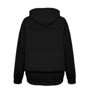 Detail view of the functional back pocket on a heavy cotton black hooded sweatshirt