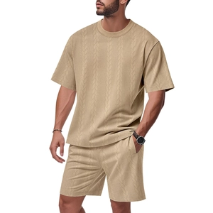 Men's two-piece casual set featuring a khaki short sleeve t-shirt and shorts with 3D texture
