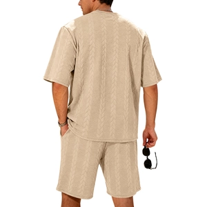 Rear view of beige short-sleeve summer set for men featuring vertical cable-knit texture