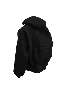 Innovative black hooded sweatshirt for men with integrated backpack pocket design shown from rear