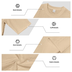 Detailed views of beige knitwear showing neck, cuff, hem and textured fabric quality