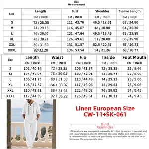 Detailed size guide table for men's casual linen hoodie shirt and trousers outfit set