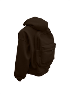 Brown hoodie with integrated backpack design, 3D side view showing zipper pockets