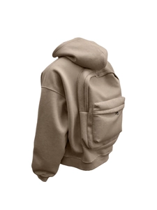 Men's khaki hooded jacket featuring creative integrated backpack design on the back